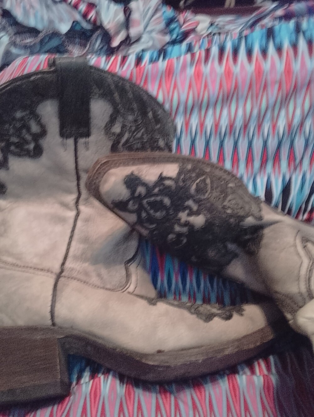 Western Embroidered Ankle Boots in Beige and Black